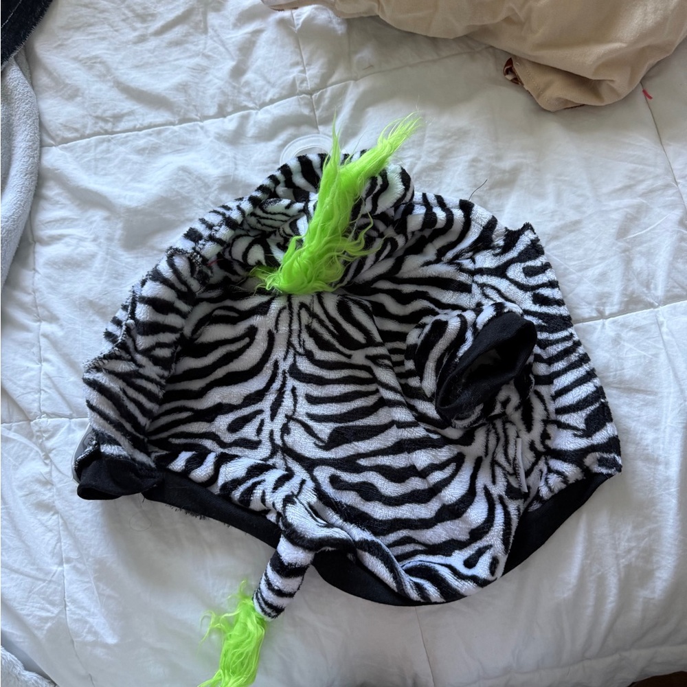 Pet Zebra Print Plush Hat with Neon Green Mohawk costume